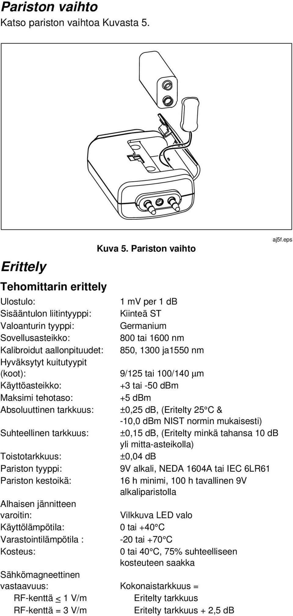 kuitutyypit (koot): 9/125 tai 100/140 µm Käyttöasteikko: +3 tai -50 dbm Maksimi tehotaso: +5 dbm Absoluuttinen tarkkuus: ±0,25 db, (Eritelty 25 C & -10,0 dbm NIST normin mukaisesti) Suhteellinen