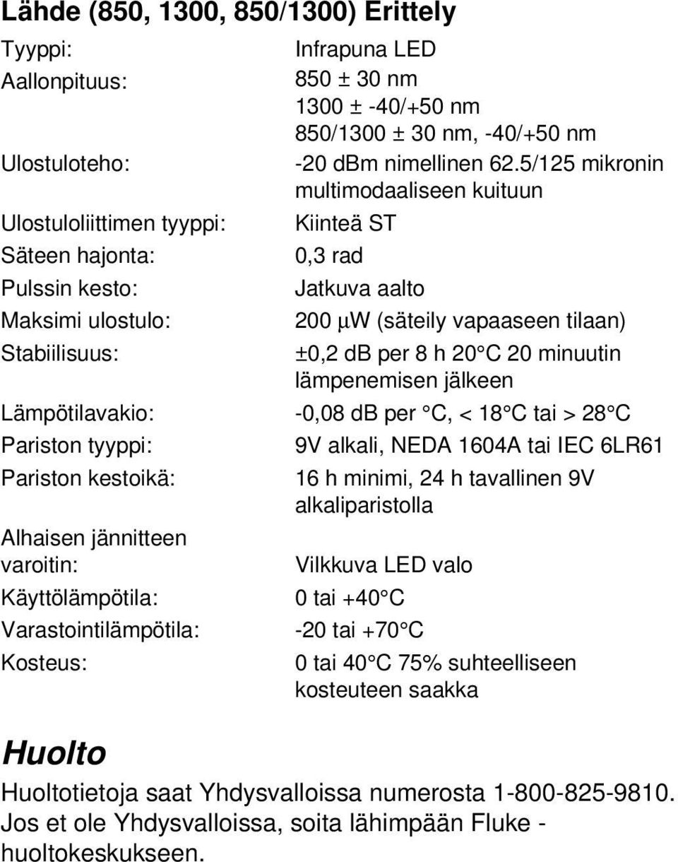 ±0,2 db per 8 h 20 C 20 minuutin lämpenemisen jälkeen Lämpötilavakio: -0,08 db per C, < 18 C tai > 28 C Pariston tyyppi: 9V alkali, NEDA 1604A tai IEC 6LR61 Pariston kestoikä: 16 h minimi, 24 h