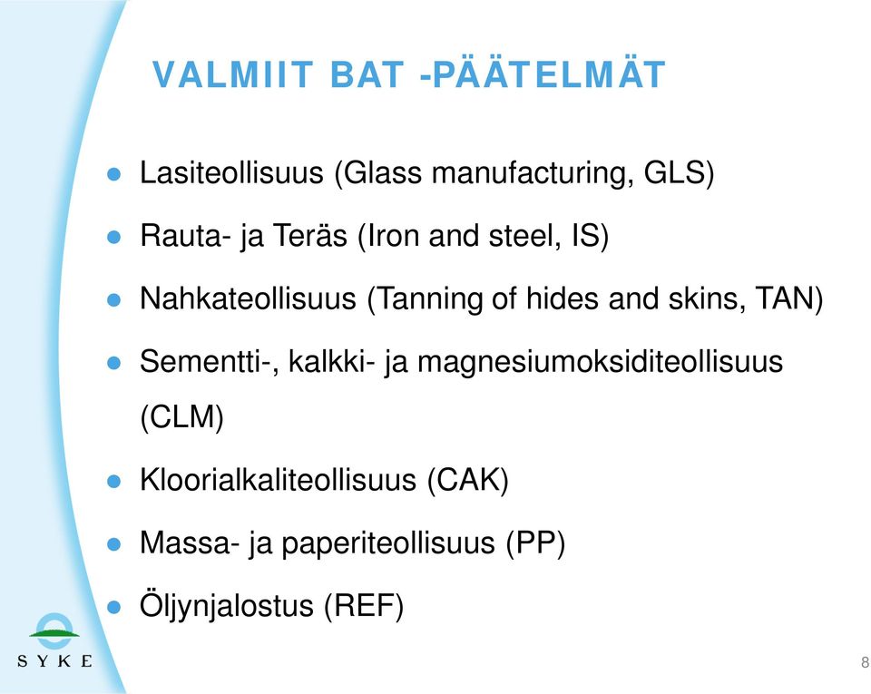 skins, TAN) Sementti-, kalkki- ja magnesiumoksiditeollisuus (CLM)