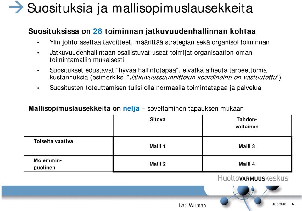 tarpeettomia kustannuksia (esimerkiksi Jatkuvuussuunnittelun koordinointi on vastuutettu ) Suositusten toteuttamisen tulisi olla normaalia toimintatapaa ja palvelua