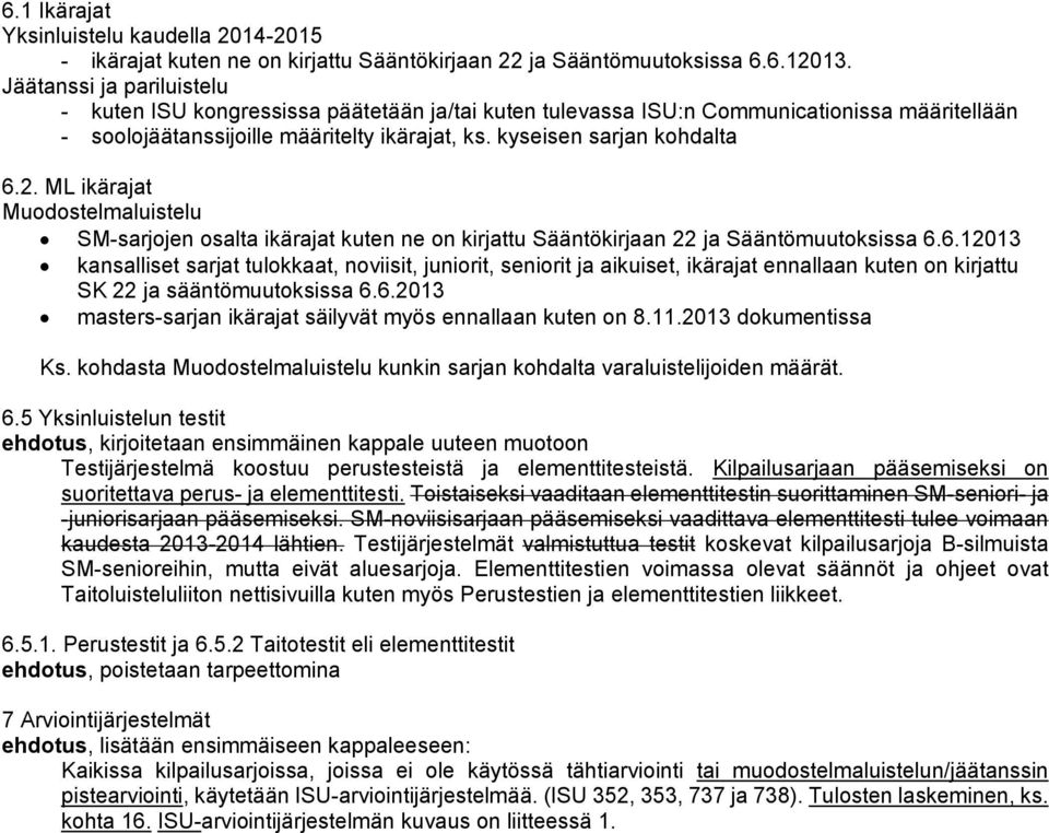 ML ikärajat Muodostelmaluistelu SM-sarjojen osalta ikärajat kuten ne on kirjattu Sääntökirjaan 22 ja Sääntömuutoksissa 6.