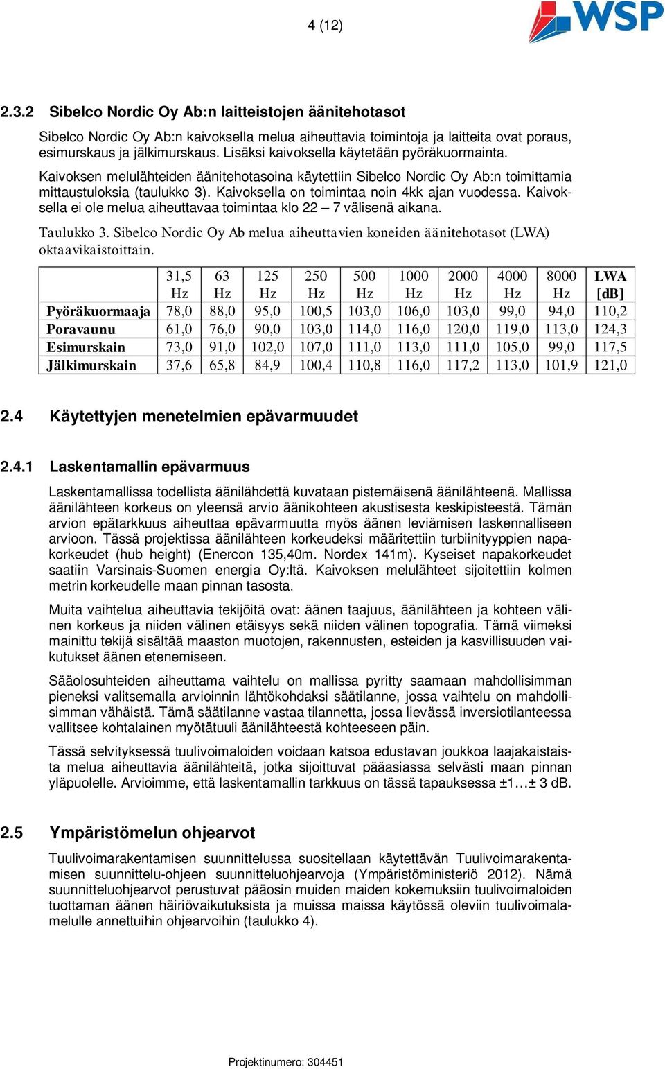 Kaivoksella ei ole melua aiheuttavaa toimintaa klo 22 7 välisenä aikana. Taulukko 3. melua aiheuttavien koneiden äänitehotasot (LWA) oktaavikaistoittain.