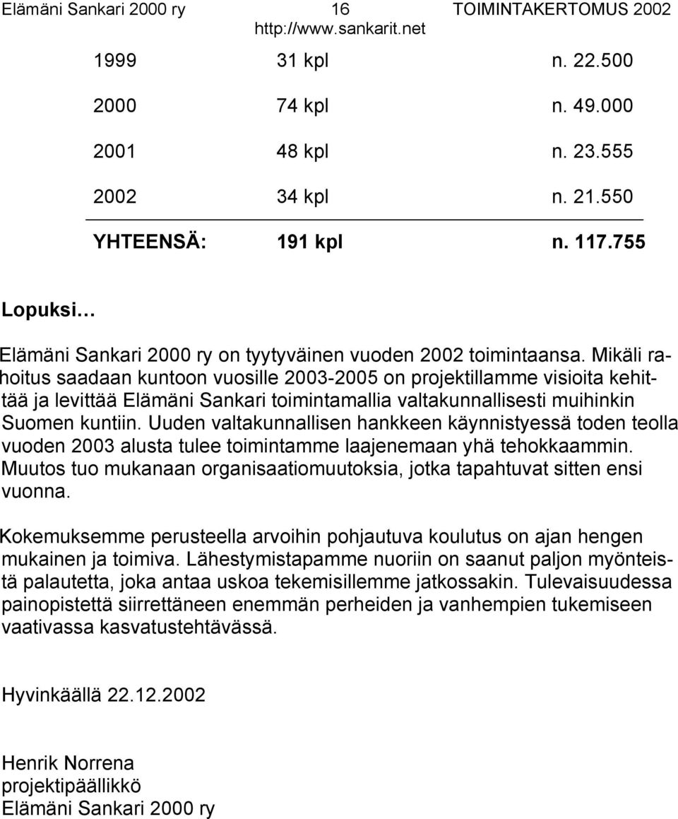 Mikäli rahoitus saadaan kuntoon vuosille 2003-2005 on projektillamme visioita kehittää ja levittää Elämäni Sankari toimintamallia valtakunnallisesti muihinkin Suomen kuntiin.