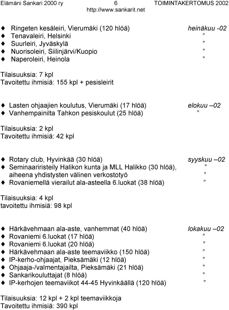 club, Hyvinkää (30 hlöä) syyskuu 02 Seminaariristeily Halikon kunta ja MLL Halikko (30 hlöä), aiheena yhdistysten välinen verkostotyö Rovaniemellä vierailut ala-asteella 6.