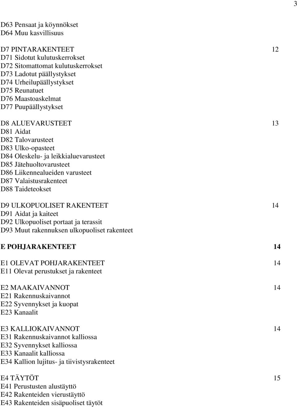 D87 Valaistusrakenteet D88 Taideteokset D9 ULKOPUOLISET RAKENTEET 14 D91 Aidat ja kaiteet D92 Ulkopuoliset portaat ja terassit D93 Muut rakennuksen ulkopuoliset rakenteet E POHJARAKENTEET 14 E1