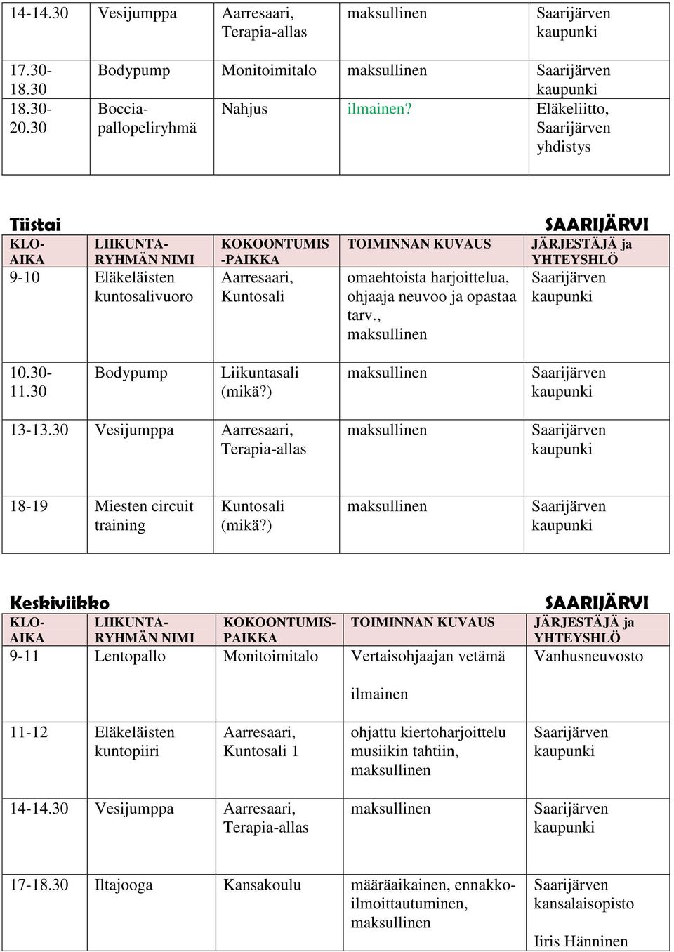 opastaa tarv., JÄRJESTÄJÄ ja YHTEYSHLÖ 10.30-11.30 Bodypump Liikuntasali (mikä?) 13-13.30 Vesijumppa Aarresaari, Terapia-allas 18-19 Miesten circuit training Kuntosali (mikä?