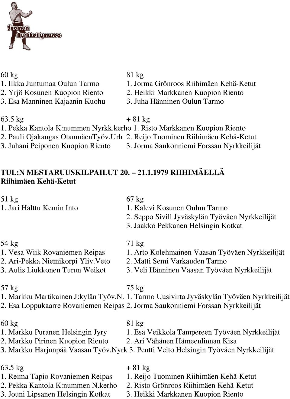 Jorma Saukonniemi Forssan Nyrkkeilijät TUL:N MESTARUUSKILPAILUT 20. 21.1.1979 RIIHIMÄELLÄ Riihimäen Kehä-Ketut 1. Jari Halttu Kemin Into 1. Kalevi Kosunen Oulun Tarmo 2.