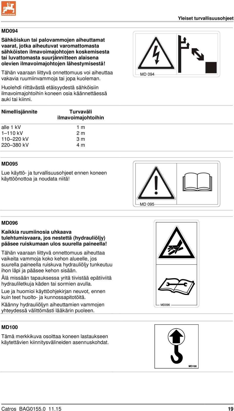 Huolehdi riittävästä etäisyydestä sähköisiin ilmavoimajohtoihin koneen osia käännettäessä auki tai kiinni.