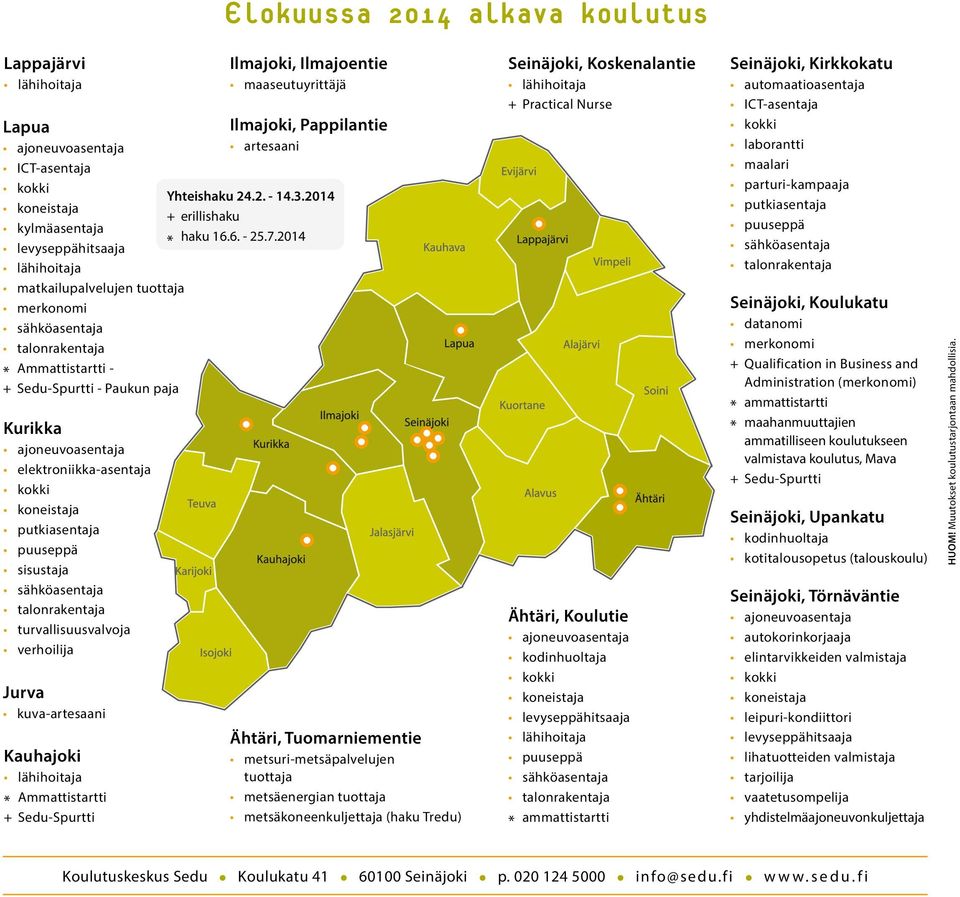2014 Seinäjoki, Koskenalantie lähihoitaja + Practical Nurse Seinäjoki, Kirkkokatu automaatioasentaja ICT-asentaja kokki laborantti maalari parturi-kampaaja putkiasentaja puuseppä sähköasentaja