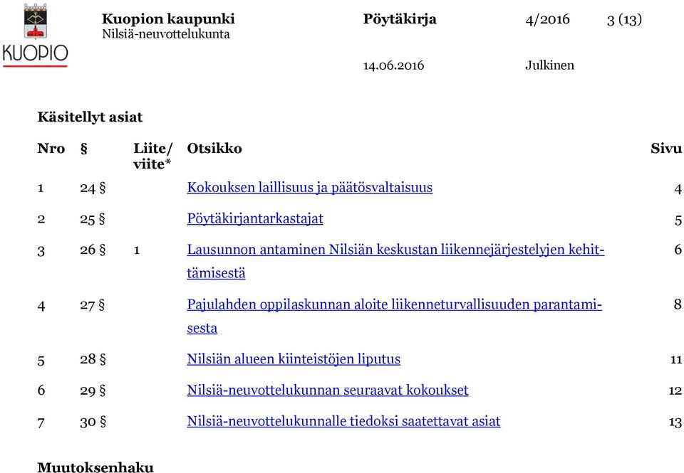 kehittämisestä 4 27 Pajulahden oppilaskunnan aloite liikenneturvallisuuden parantamisesta 6 8 5 28 Nilsiän alueen kiinteistöjen