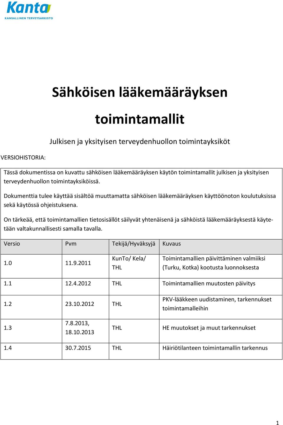 On tärkeää, että toimintamallien tietosisällöt säilyvät yhtenäisenä ja sähköistä lääkemääräyksestä käytetään valtakunnallisesti samalla tavalla. Versio Pvm Tekijä/Hyväksyjä Kuvaus 1.0 11.9.