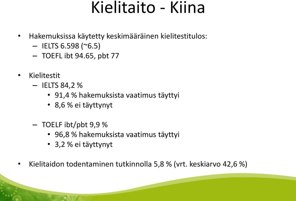 65, pbt 77 Kielitestit IELTS 84,2 % 91,4 % hakemuksista vaatimus täyttyi 8,6 % ei