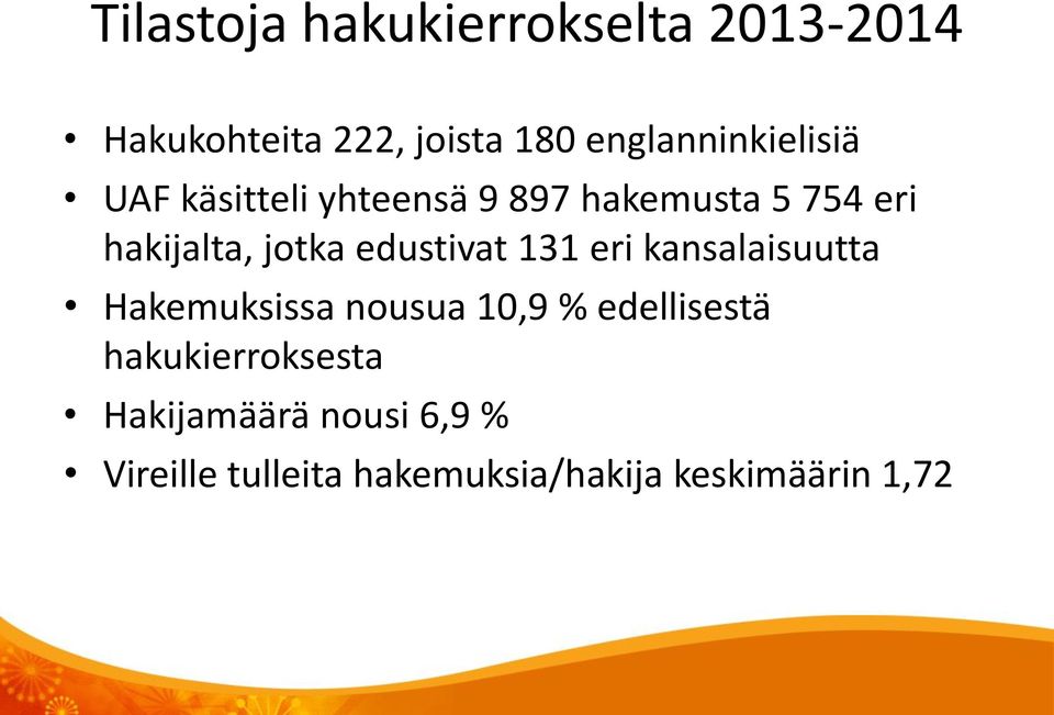 jotka edustivat 131 eri kansalaisuutta Hakemuksissa nousua 10,9 % edellisestä