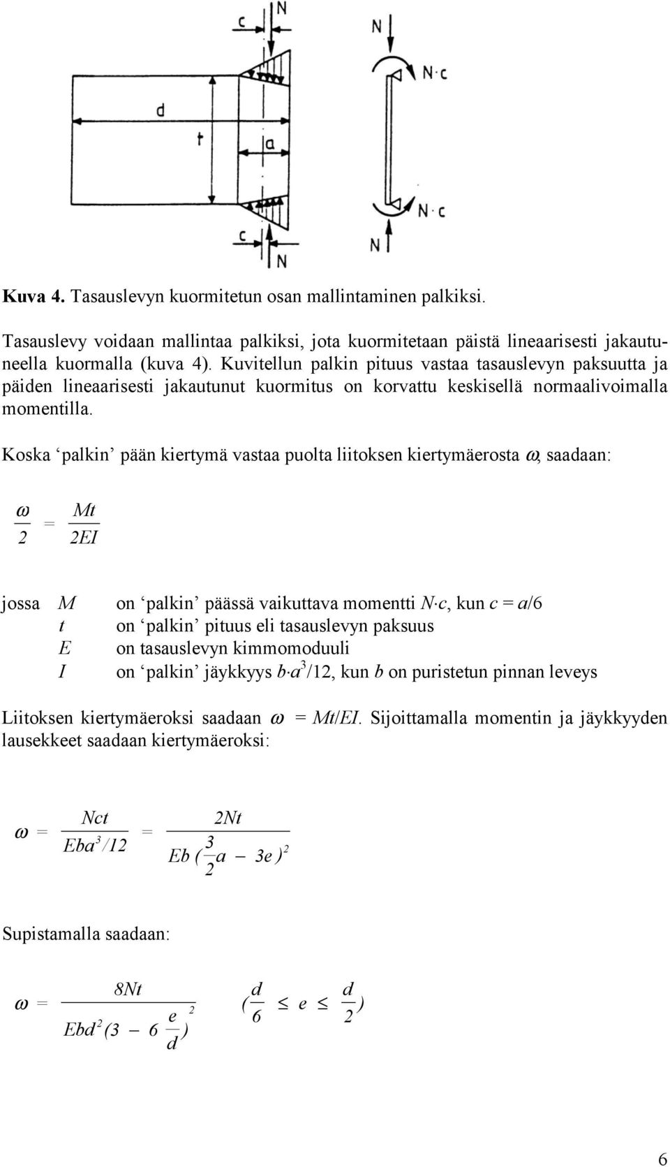 Koska palkin pään kiertymä vastaa puolta liitoksen kiertymäerosta ω, saadaan: ω = Mt EI jossa M on palkin päässä vaikuttava momentti N c, kun c = a/6 t on palkin pituus eli tasauslevyn paksuus E on