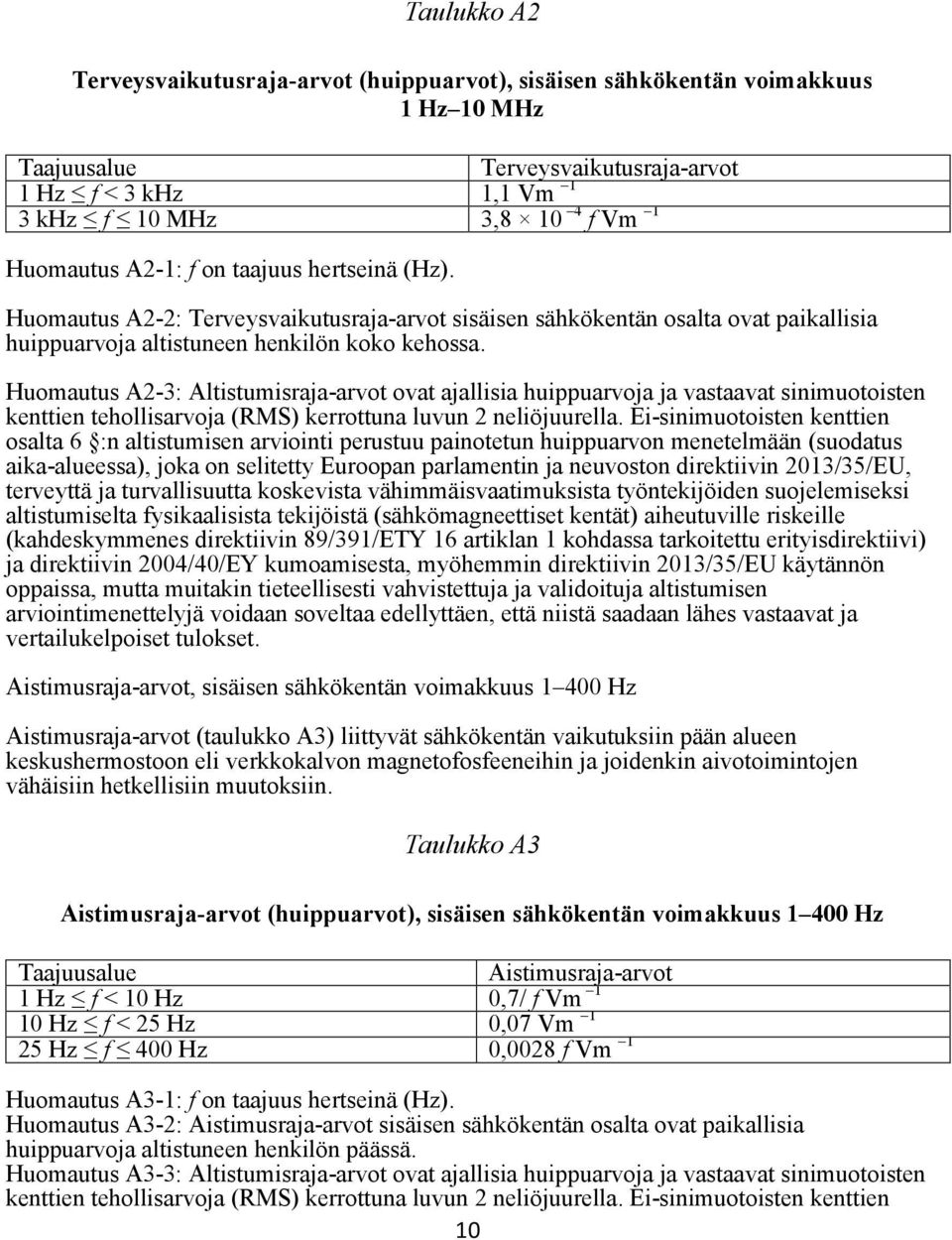 Huomautus A2-3: Altistumisraja-arvot ovat ajallisia huippuarvoja ja vastaavat sinimuotoisten kenttien tehollisarvoja (RMS) kerrottuna luvun 2 neliöjuurella.