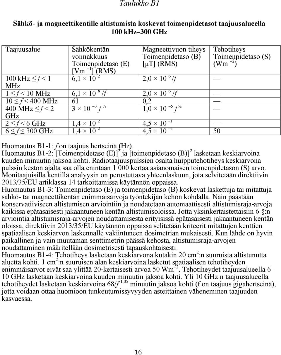 6 f 300 GHz 1,4 10 2 4,5 10 1 50 Tehotiheys Toimenpidetaso (S) (Wm 2 ) Huomautus B1-1: f on taajuus hertseinä (Hz).