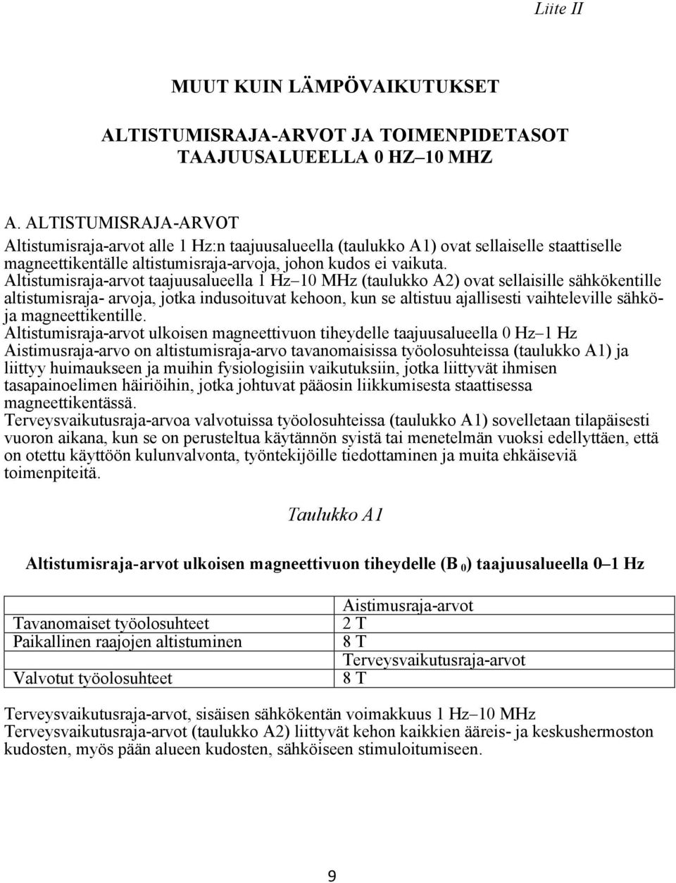 Altistumisraja-arvot taajuusalueella 1 Hz 10 MHz (taulukko A2) ovat sellaisille sähkökentille altistumisraja- arvoja, jotka indusoituvat kehoon, kun se altistuu ajallisesti vaihteleville sähköja