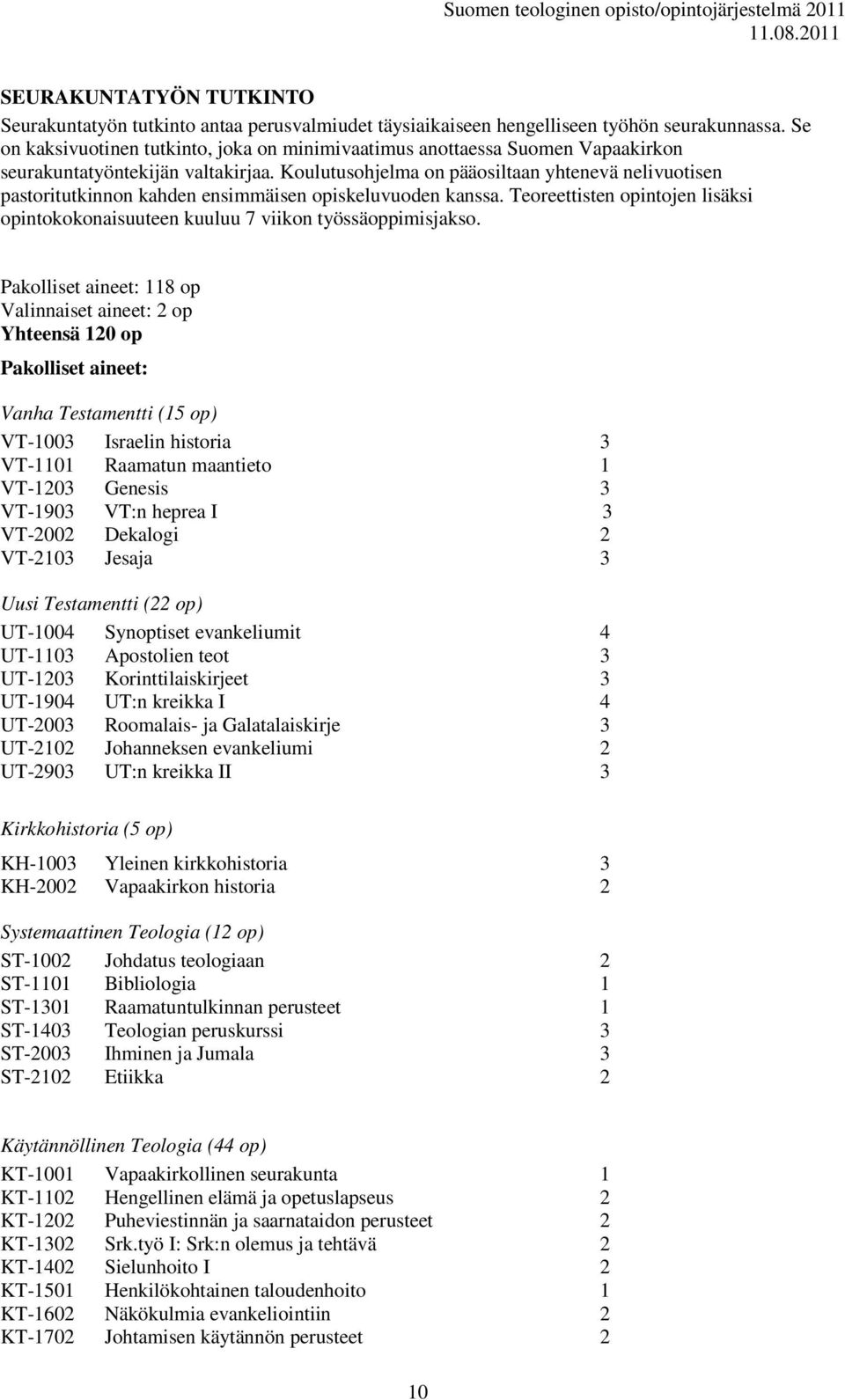 Koulutusohjelma on pääosiltaan yhtenevä nelivuotisen pastoritutkinnon kahden ensimmäisen opiskeluvuoden kanssa. Teoreettisten opintojen lisäksi opintokokonaisuuteen kuuluu 7 viikon työssäoppimisjakso.