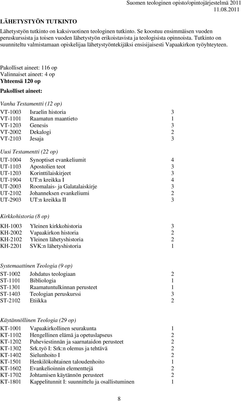 Pakolliset aineet: 116 op Valinnaiset aineet: 4 op Yhteensä 120 op Pakolliset aineet: Vanha Testamentti (12 op) VT-1003 Israelin historia 3 VT-1101 Raamatun maantieto 1 VT-1203 Genesis 3 VT-2002