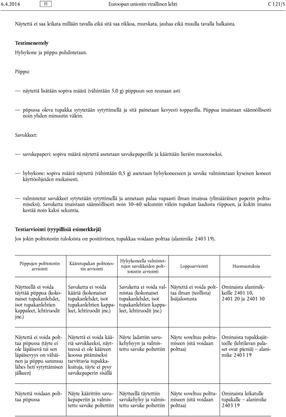 Piippu: näytettä lisätään sopiva määrä (vähintään 5,0 g) piippuun sen reunaan asti piipussa oleva tupakka sytytetään sytyttimellä ja sitä painetaan kevyesti topparilla.
