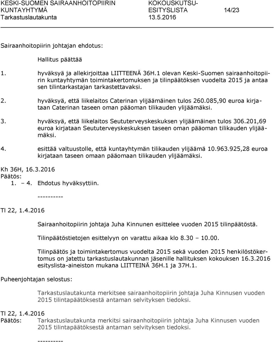 085,90 euroa kirjataan Caterinan taseen oman pääoman tilikauden ylijäämäksi. 3. hyväksyä, että liikelaitos Seututerveyskeskuksen ylijäämäinen tulos 306.