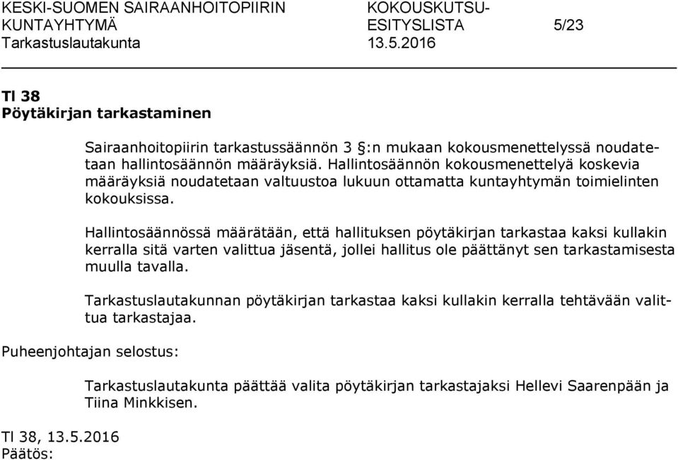 Hallintosäännössä määrätään, että hallituksen pöytäkirjan tarkastaa kaksi kullakin kerralla sitä varten valittua jäsentä, jollei hallitus ole päättänyt sen tarkastamisesta muulla