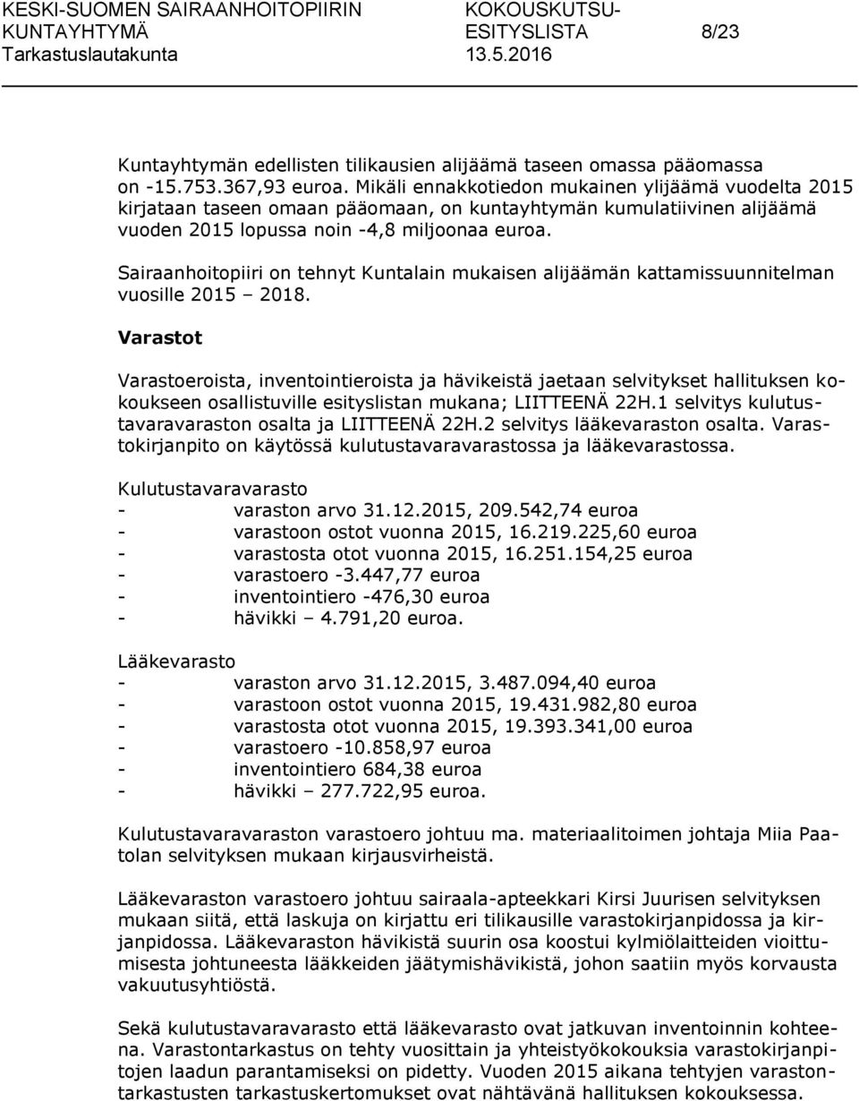 Sairaanhoitopiiri on tehnyt Kuntalain mukaisen alijäämän kattamissuunnitelman vuosille 2015 2018.