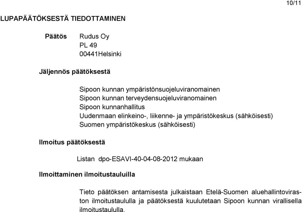 ympäristökeskus (sähköisesti) Suomen ympäristökeskus (sähköisesti) Listan dpo-esavi-40-04-08-2012 mukaan Ilmoittaminen ilmoitustauluilla