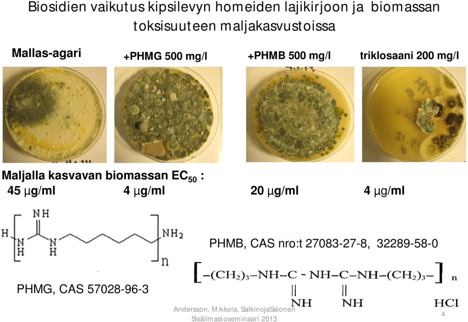 mg/l triklosaani 200 mg/l Maljalla kasvavan biomassan EC 50 : 45 µg/ml 4