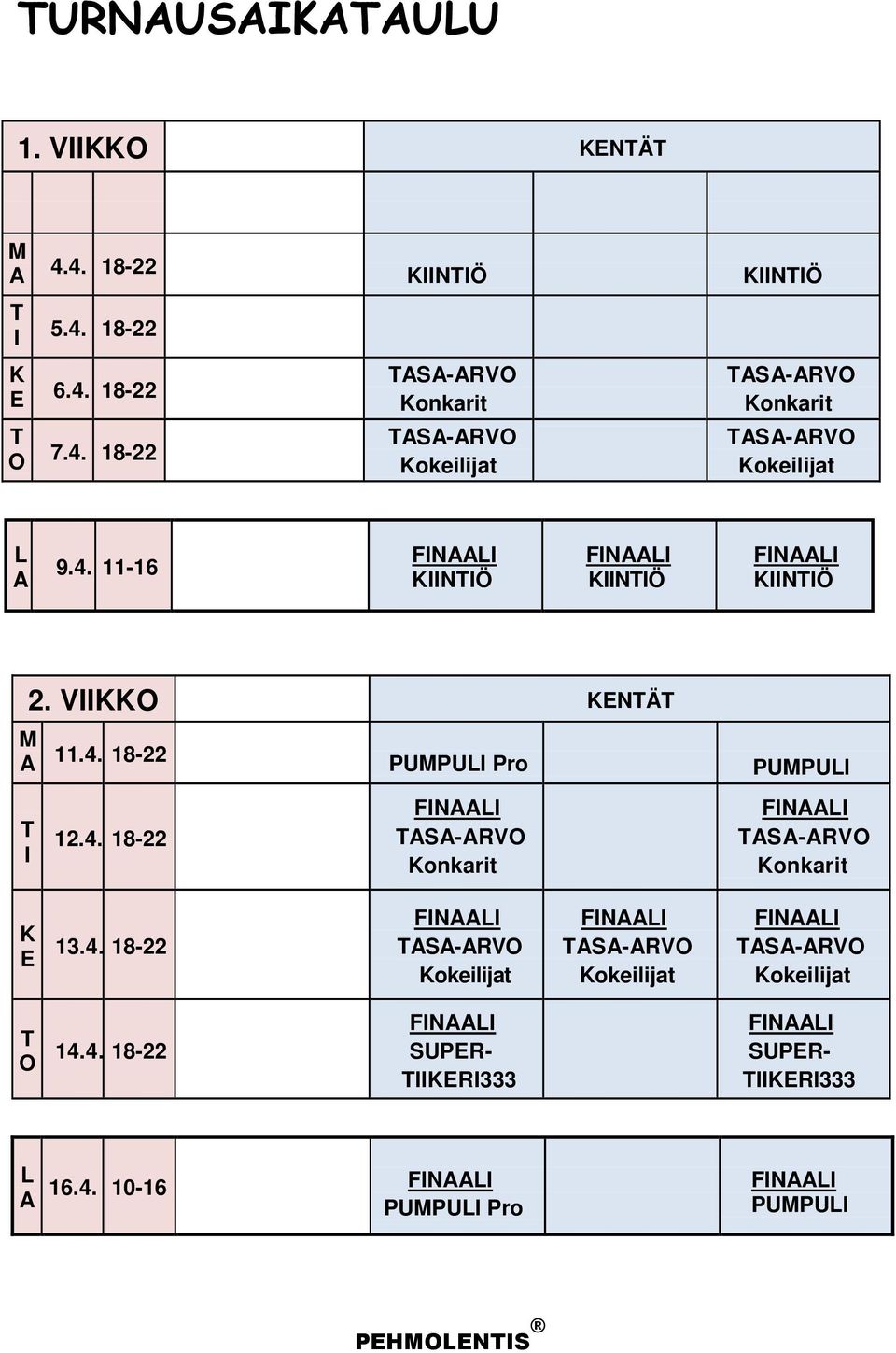 4. 18-22 Konkarit Konkarit K E 13.4. 18-22 Kokeilijat Kokeilijat Kokeilijat T O 14.4. 18-22 SUPER- TIIKERI333 SUPER- TIIKERI333 L 16.