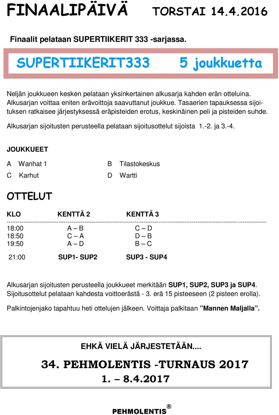 lkusarjan sijoitusten perusteella pelataan sijoitusottelut sijoista 1.-2. ja 3.-4.