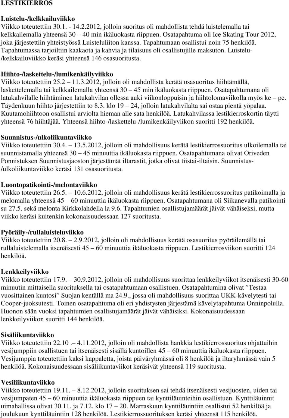 Tapahtumassa tarjoiltiin kaakaota ja kahvia ja tilaisuus oli osallistujille maksuton. Luistelu- /kelkkailuviikko keräsi yhteensä 146 osasuoritusta.