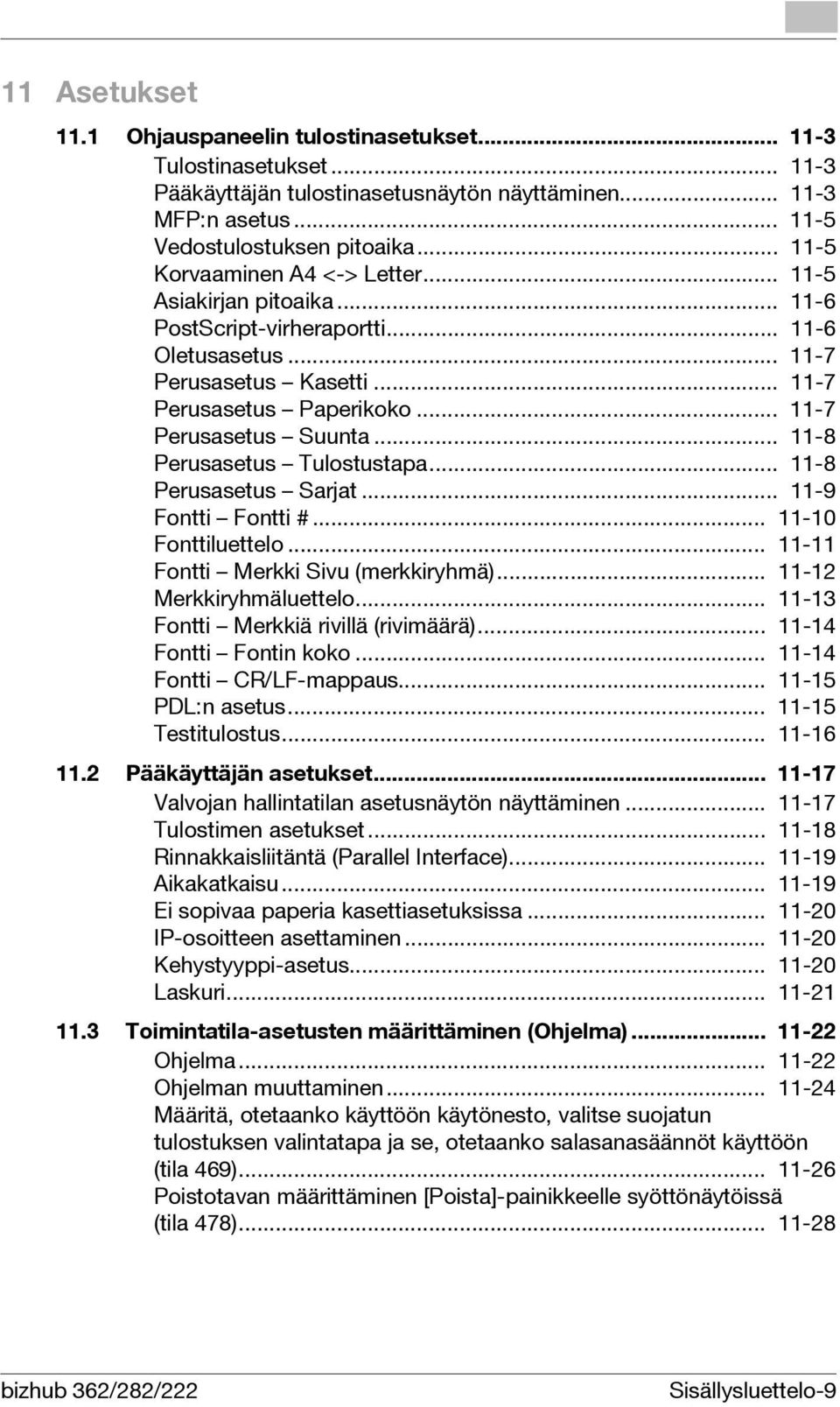 .. 11-8 Perusasetus Tulostustapa... 11-8 Perusasetus Sarjat... 11-9 Fontti Fontti #... 11-10 Fonttiluettelo... 11-11 Fontti Merkki Sivu (merkkiryhmä)... 11-12 Merkkiryhmäluettelo.