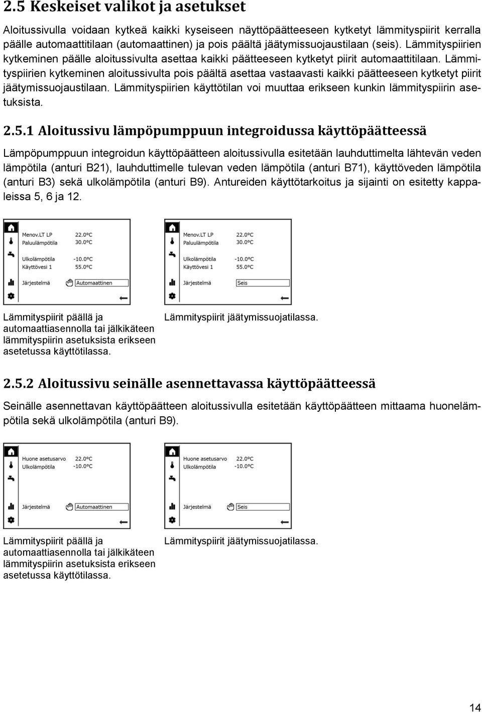 Lämmityspiirien kytkeminen aloitussivulta pois päältä asettaa vastaavasti kaikki päätteeseen kytketyt piirit jäätymissuojaustilaan.