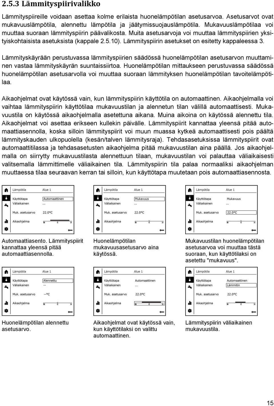 Lämmityspiirin asetukset on esitetty kappaleessa 3. Lämmityskäyrään perustuvassa lämmityspiirien säädössä huonelämpötilan asetusarvon muuttaminen vastaa lämmityskäyrän suuntaissiirtoa.