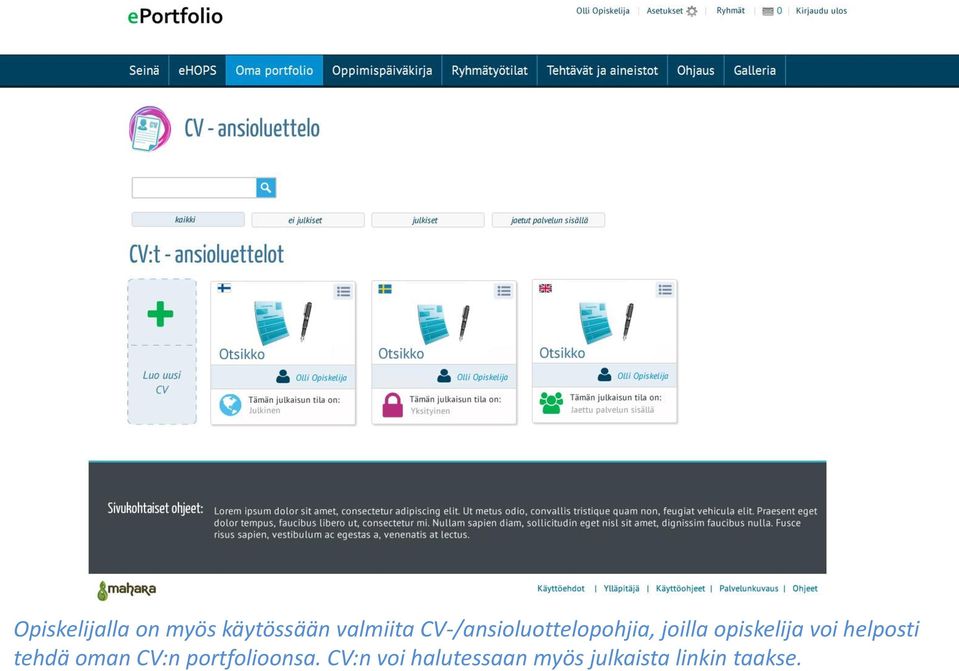 voi helposti tehdä oman CV:n portfolioonsa.