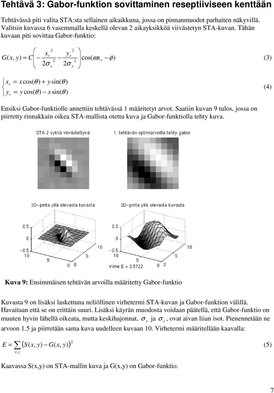 Tähän kuvaan piti sovittaa Gabor-funktio: (, ) xr yr G x y = C cos( ωx φ) σ σ r (3) x y x y r r = x cos( θ ) + y sin( θ ) = y cos( θ ) x sin( θ ) (4) Ensiksi Gabor-funktiolle annettiin tehtävässä 1