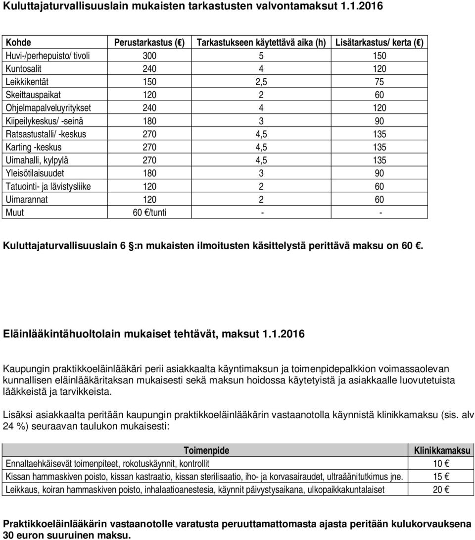 Ohjelmapalveluyritykset 240 4 120 Kiipeilykeskus/ -seinä 180 3 90 Ratsastustalli/ -keskus 270 4,5 135 Karting -keskus 270 4,5 135 Uimahalli, kylpylä 270 4,5 135 Yleisötilaisuudet 180 3 90 Tatuointi-