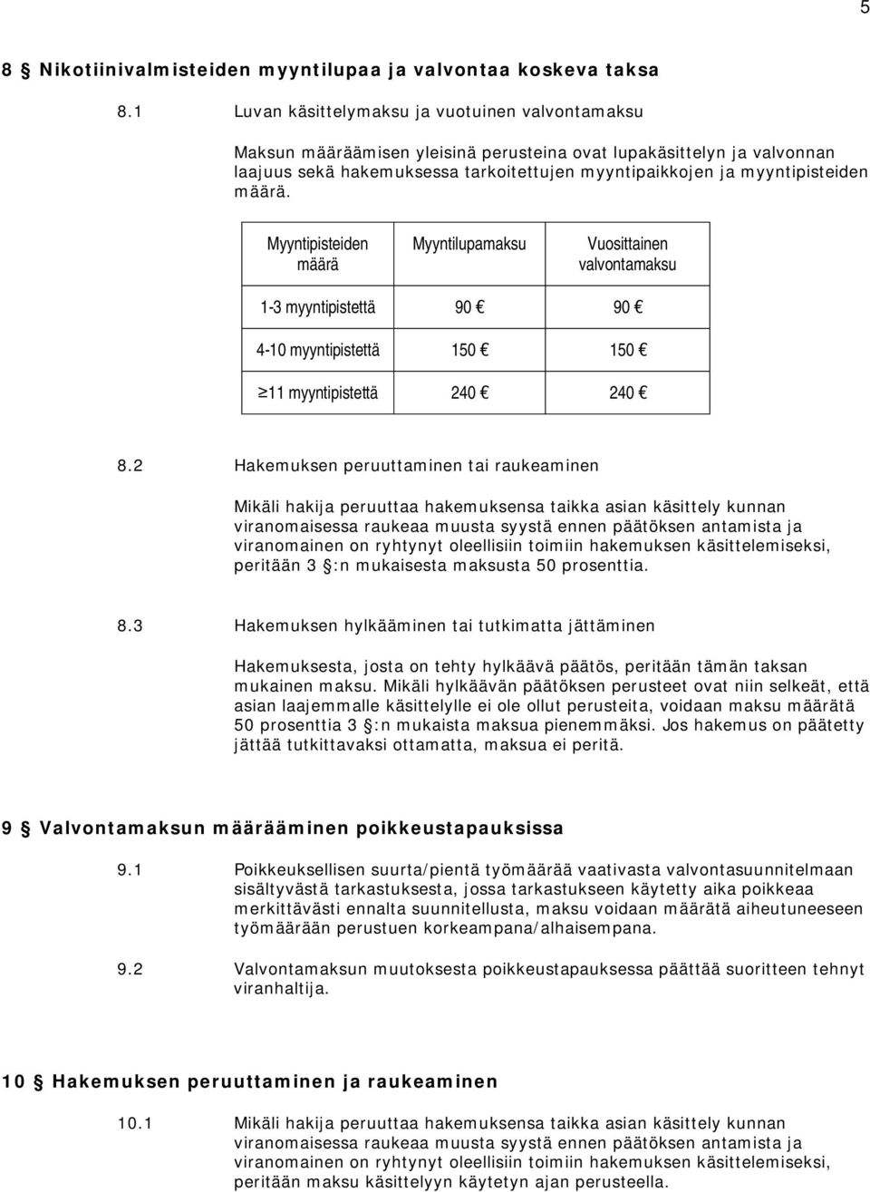 määrä. Myyntipisteiden määrä Myyntilupamaksu Vuosittainen valvontamaksu 1-3 myyntipistettä 90 90 4-10 myyntipistettä 150 150 11 myyntipistettä 240 240 8.