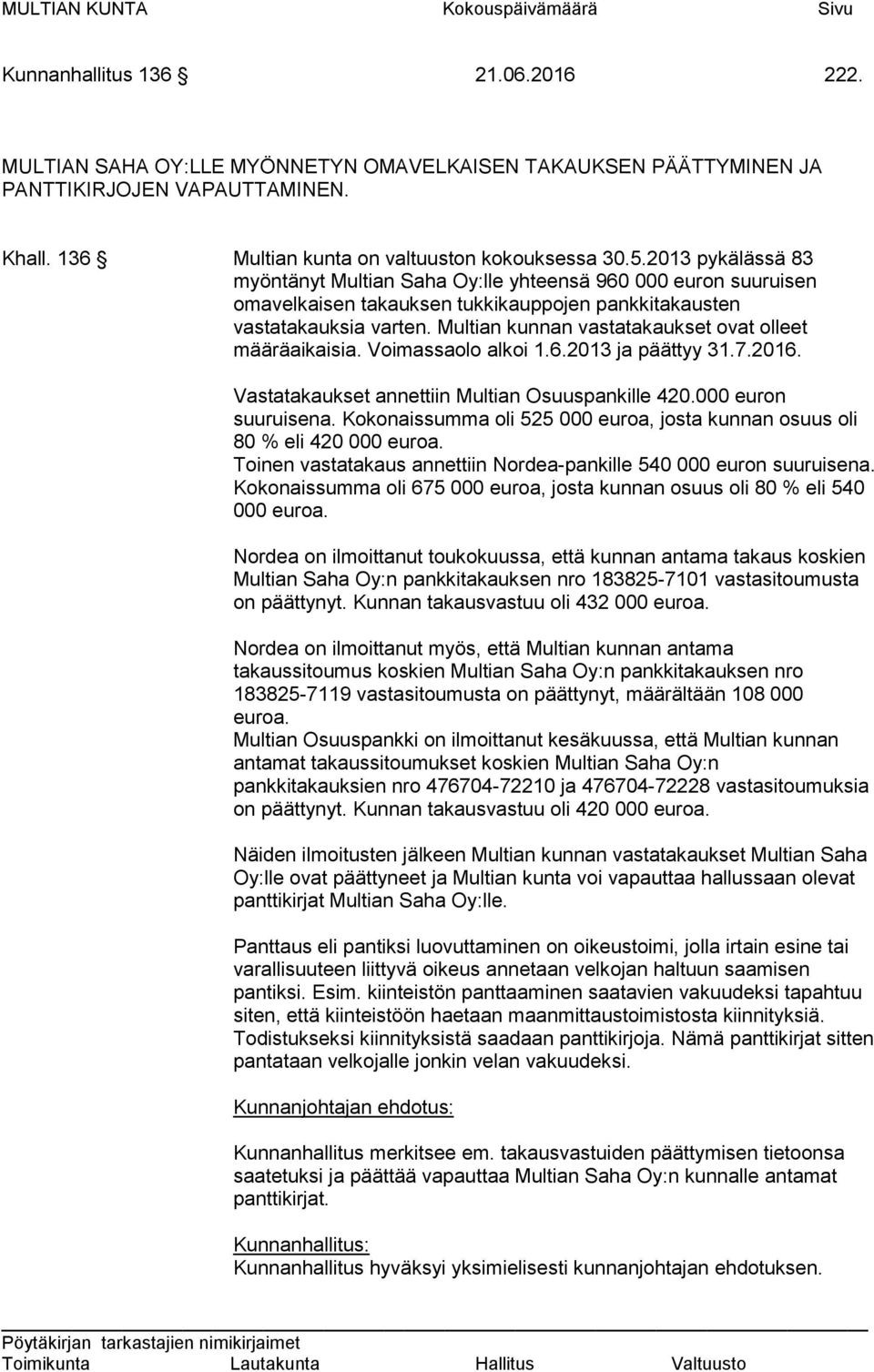 2013 pykälässä 83 myöntänyt Multian Saha Oy:lle yhteensä 960 000 euron suuruisen omavelkaisen takauksen tukkikauppojen pankkitakausten vastatakauksia varten.