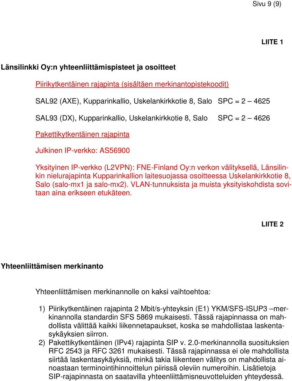 Länsilinkin nielurajapinta Kupparinkallion laitesuojassa osoitteessa Uskelankirkkotie 8, Salo (salo-mx1 ja salo-mx2). VLAN-tunnuksista ja muista yksityiskohdista sovitaan aina erikseen etukäteen.