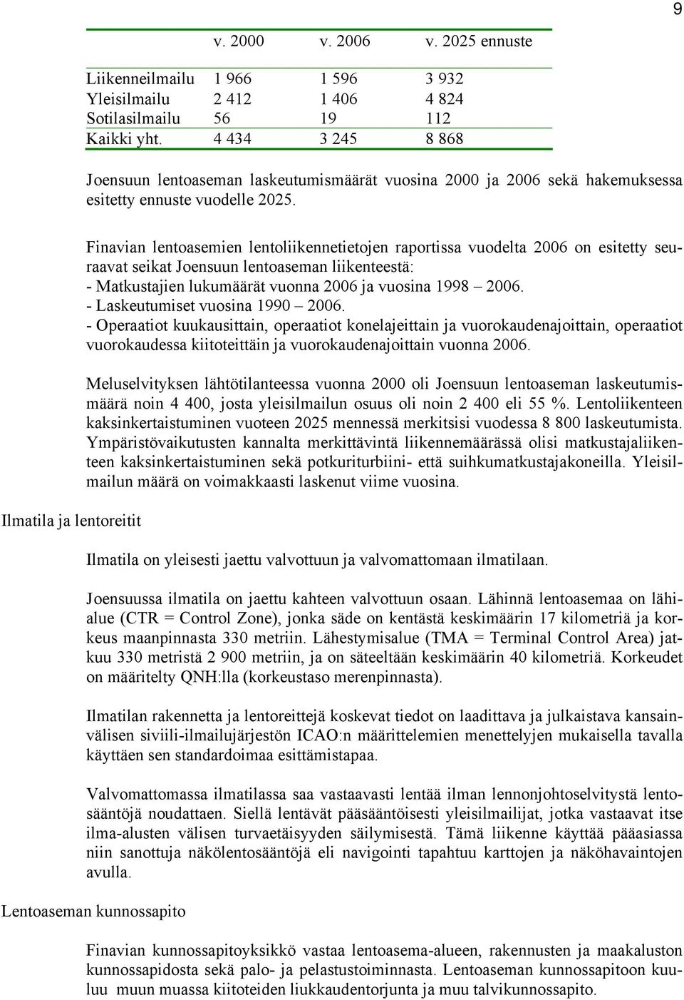 Ilmatila ja lentoreitit Finavian lentoasemien lentoliikennetietojen raportissa vuodelta 2006 on esitetty seuraavat seikat Joensuun lentoaseman liikenteestä: - Matkustajien lukumäärät vuonna 2006 ja