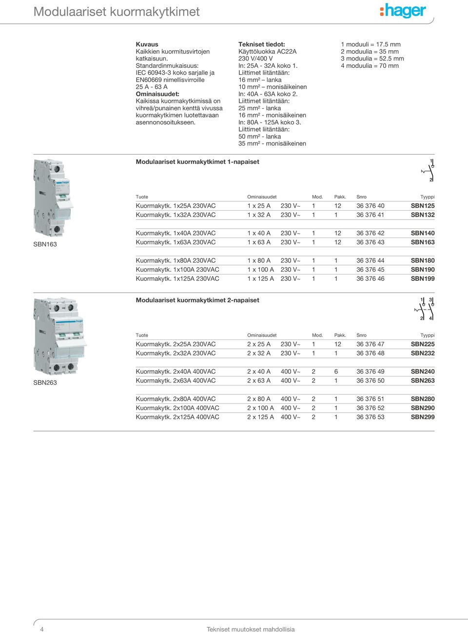 asennonosoitukseen. Tekniset tiedot: Käyttöluokka AC22A 230 V/400 V In: 25A - 32A koko 1. Liittimet liitäntään: 16 mm² lanka 10 mm² monisäikeinen In: 40A - 63A koko 2.