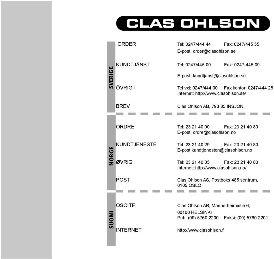 se/ BREV Clas Ohlson AB, 793 85 INSJÖN ORDRE Tel: 23 21 40 00 Fax: 23 21 40 80 E-post: ordre@clasohlson.