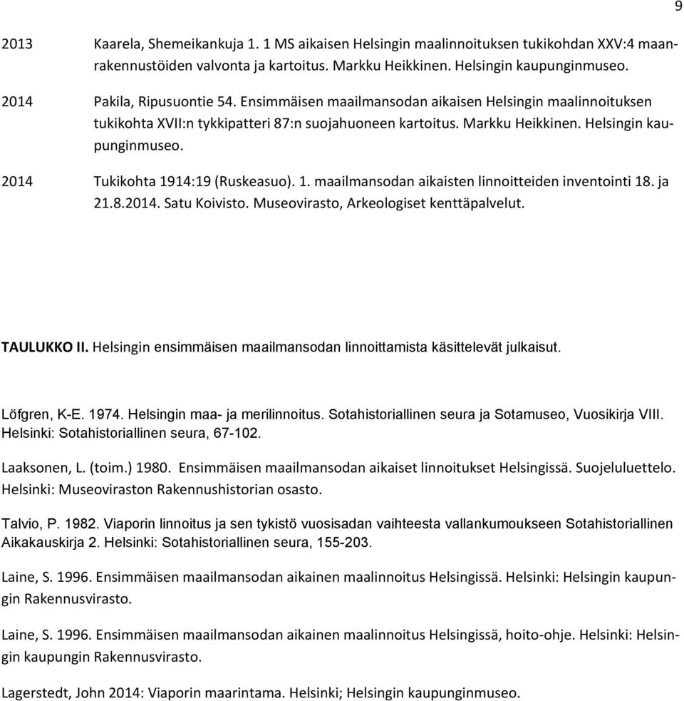 2014 Tukikohta 1914:19 (Ruskeasuo). 1. maailmansodan aikaisten linnoitteiden inventointi 18. ja 21.8.2014. Satu Koivisto. Museovirasto, Arkeologiset kenttäpalvelut. 9 TAULUKKO II.