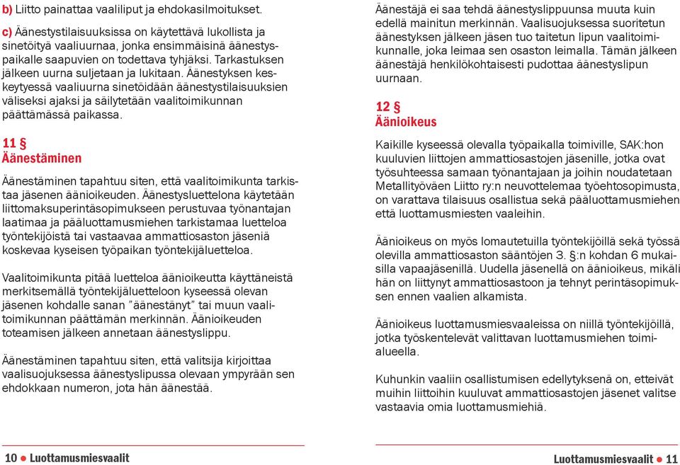 11 Äänestäminen Äänestäminen tapahtuu siten, että vaalitoimikunta tarkistaa jäsenen äänioikeuden.