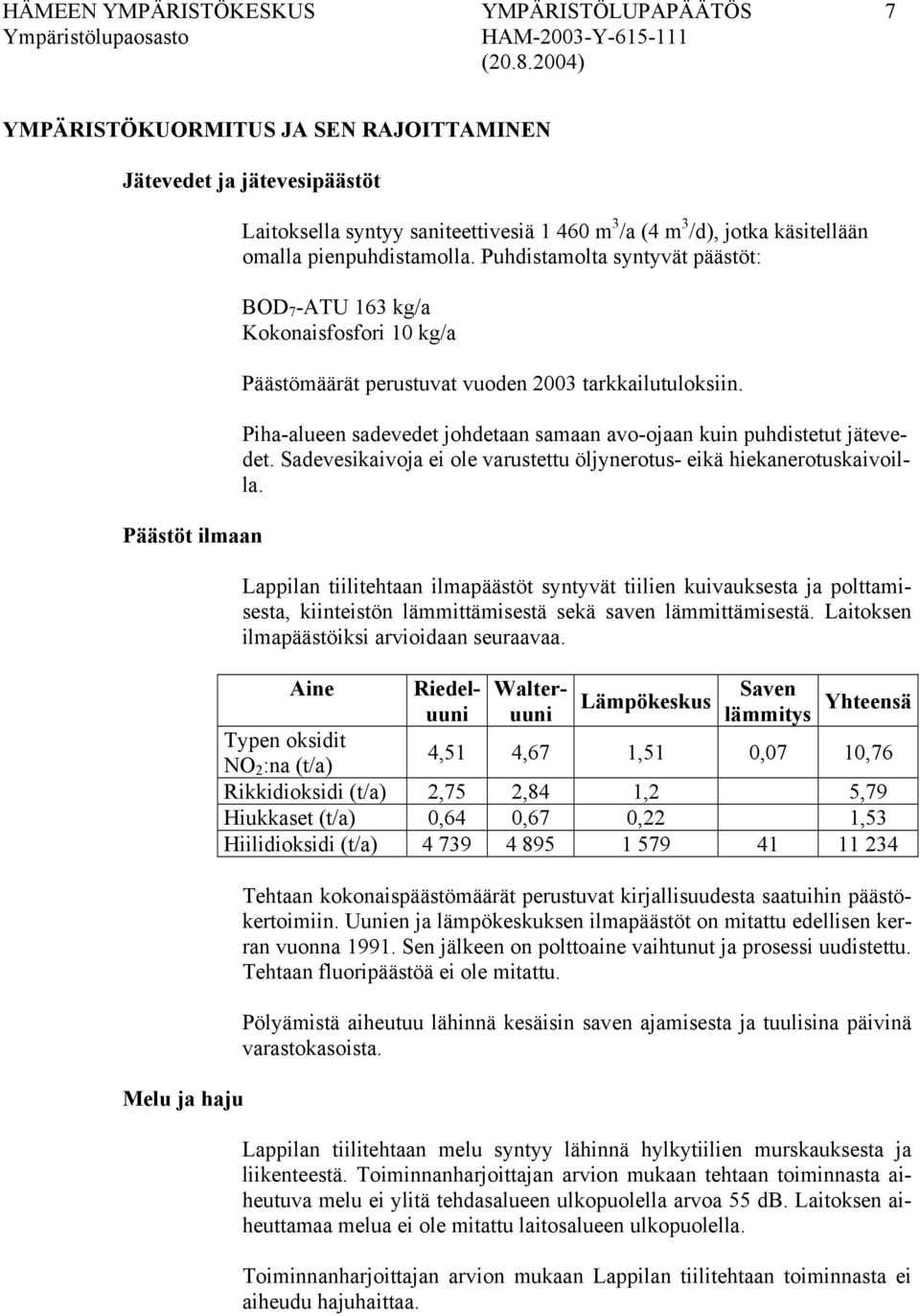 Piha-alueen sadevedet johdetaan samaan avo-ojaan kuin puhdistetut jätevedet. Sadevesikaivoja ei ole varustettu öljynerotus- eikä hiekanerotuskaivoilla.