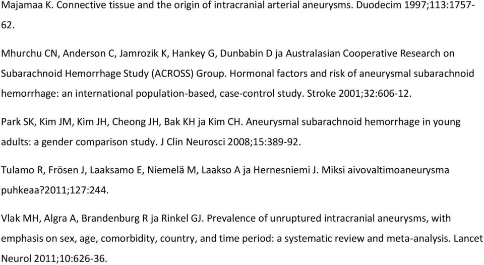 Hormonal factors and risk of aneurysmal subarachnoid hemorrhage: an international population-based, case-control study. Stroke 2001;32:606-12. Park SK, Kim JM, Kim JH, Cheong JH, Bak KH ja Kim CH.