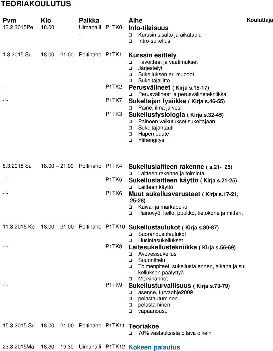 15-17) Perusvälineet ja perusvälinetekniikka - - P1TK7 Sukeltajan fysiikka ( Kirja s.46-55) Paine, ilma ja vesi P1TK3 Sukellusfysiologia ( Kirja s.