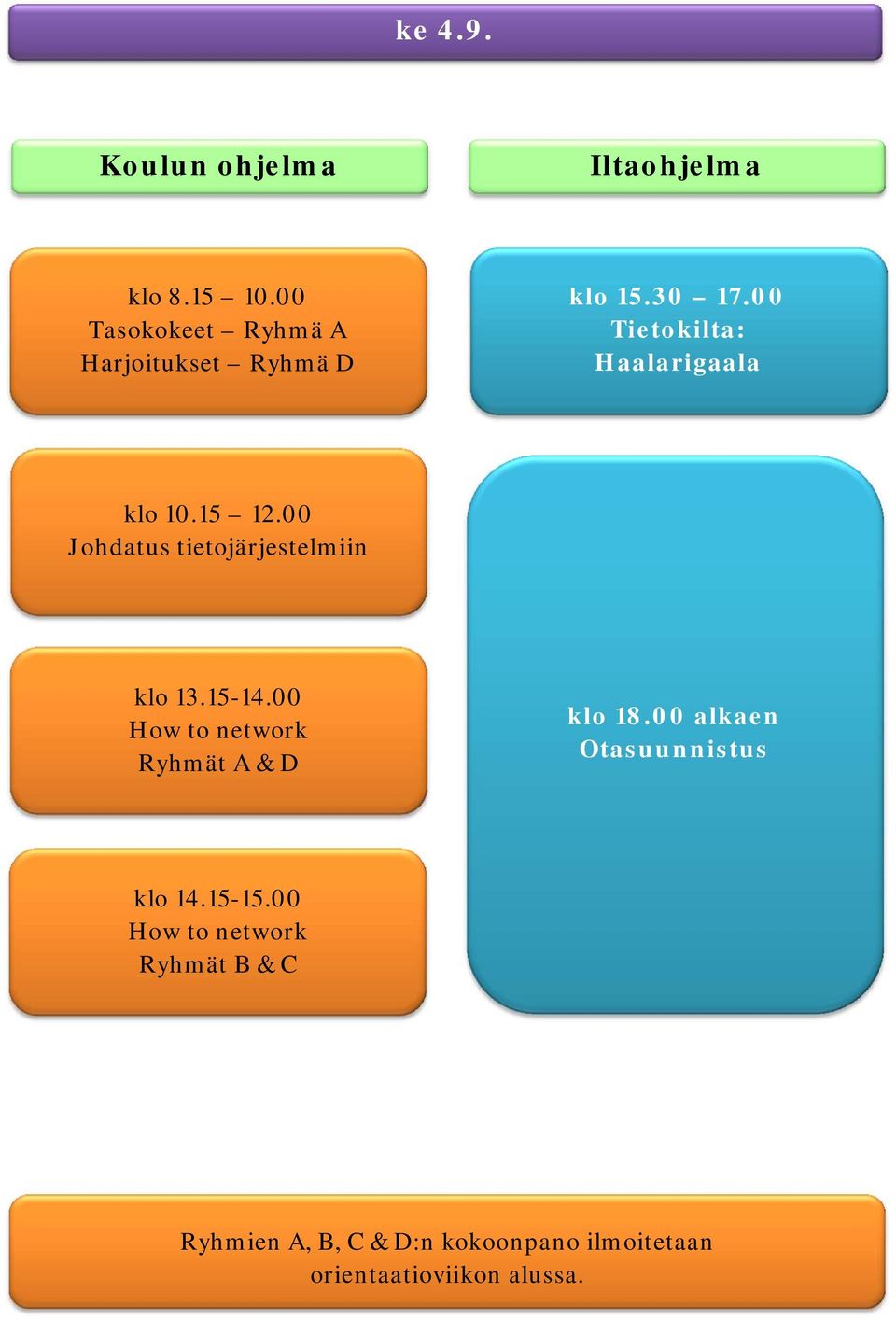 15 12.00 Johdatus tietojärjestelmiin klo 13.15-14.00 How to network Ryhmät A & D klo 18.